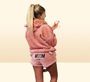 Women Winter Short Pajamas Hooded Designer Pyjama Set Hoodie Cat Print Shorts Pants Outfits Causal Pajamas Clothes Sets Home Cloth8925173