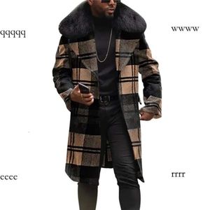 남성 양모 블렌드 큰 모피 칼라 격자 무늬 외투 남성 남성용 트렌치 코트 체크 양모 긴 재킷 세련된 대형 스트리트웨어