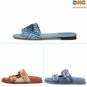 New Double Strap Flat Sandals with F Decorative Buckle and Antique Blue Denim Material embellishment Quilted F Pattern Size 35-42 with Box