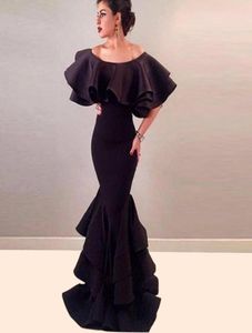 Arabic Long Mermaid Tiered Skirt Evening Dresses Robe De Soiree Courte Black Satin Cape Sexy Prom Party Gowns 2022 Abendkleider3650685