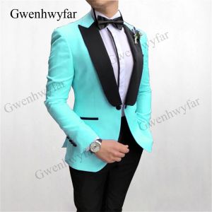 Hosen Gwenhwyfar türkisfarbene Farbe Männer Anzüge 2020 Neuer Stil Button Gentlemen Party Wear Tuxedos Blazer mit schwarzen Hosen, Satin Revers