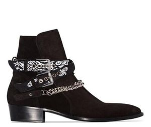 العلامة التجارية الجديدة Man Ami Ri Bandana Strap Buckled Boots Boots Black Leather Suede عدة Bandana Print Print Sidebucked Shoes5282013