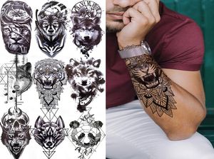 Tiger Black Tribal Totem Temporary Tattoo For Men Women Kids Fake Wolf Panda Lion Death Skull Tattoo Sticker Geometric Arm Tatos1129884