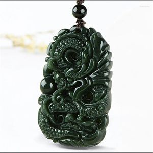 Decorative Figurines Natural Nephrite Cyan Jade Necklace Pendant Chinese Dragon Man And Woman Hand-carved Neck Ornament Jewelry Ch