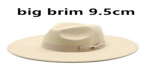 95cm Large Brim Wool Felt Fedora Hats With Bow Belts Women Men Big Simple Classic Jazz Caps Solid Color Formal Dress Church Cap9029698