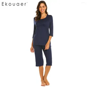 Hemkläder Ekouaer Kvinnor Pyjama Set Soft Cotton Sleepwear Maternity Nursing Graviditet 3/4 Hylsa Topp Halvlängd Byxa nattpyjamasdräkt