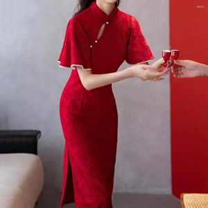 Etniska kläder Kvinnor Slim Design Cheongsam Elegant spets Qipao Stand Collar Retro Dress for Chinese Style Evening Wedding