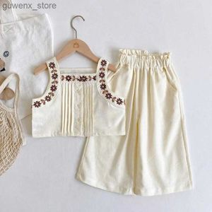 Clothing Sets Summer Girls Clothes Set Sleeveless Embroidery Vest+Wide Leg Pant 2Pcs Toddler Korean Style Kids Clothes Y240412