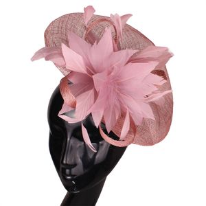 新しいピーチ女性ブライダルフェザーヘッドバンドレディースメッシュフラワーシナマー魅惑的帽子帽子のカクテルティーパーティーウェディングのためのチックミリネリー