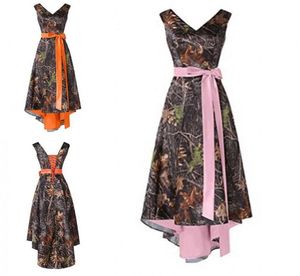 Camo hi lo Bridesmaid Dresses 2022 V neck Ribbon Bows Orange Pink Inner Satin Wedding Guest Prom Formal party Dress Whole Pric3301476