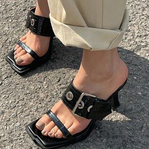 2024 Summer Square Toe Women Tisters Fashion Elegant Metal Decoration Slides Shoes Ladies Outdoor Thick High Heel Sandalias 240409