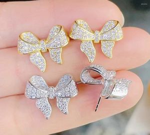 Stud Earrings 2pair/lot Bow Shape 18k Gold Plated Ad Silver Copper Metal White Zircon Earring - Fashion Jewelry Wholesale