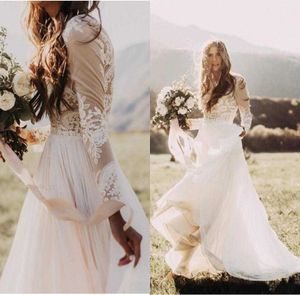 2023 Bohemian Country Wedding Suknie z czystymi długimi rękawami Bateau Neck A Line Lace Applique Szyfonowe boho suknie ślubne