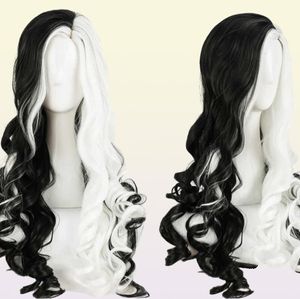 Cruella Deville de Vil Cosplay Wigs 75 см. Кудрявые наполовину белые черные теплостойкие синтетические волосы y09135897690