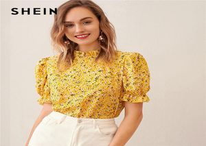 Shein Ditsy Floral Frill Boyun Puf Kılıf Üst ​​Anahtar deliği Arka Bluz Kadınlar 2020 Yaz Zarif Ofis Leydi Üstler ve Bluzlar CX2008209103224