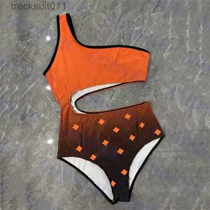 Women's Swimwear Orange Swimwear Lady Jacquard Fashion Brand Hollow Bikini Women One Shoulder Bikinis Bodysuit Swimsuit C240412