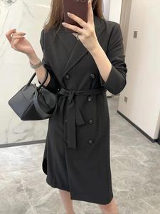 Casual Dresses Women's Wool Suit Dress Black Temperament Double Breasted Lace-Up 2024 Spring Office Lady Robe With Sashes