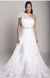 2015 Plus Size Lace Wedding Dresses One Shoulder A Line Bridal Dresses Floor Length Long Garden Wedding Gowns with Beaded Sash6425683