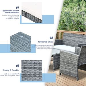 Wicker 4pcs Outdoor Patio Furniture набор с диваном и 2 стульями, 1-ти стеклянного столового столового столового журнального стола для заднего двора, сада