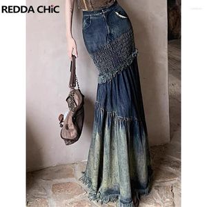 Etek Reddacic uzun kız balık kuyruğu denim maxi etek y2k vintage yıkanmış mavi maillard tarzı dikiş uzun kot kadın sokak kıyafetleri