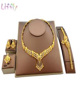 Liffly African Dubai Gold Bridal jewelry sets for Women Bracelet Earrings indian Wedding Party Crystal Ring Jewelry Sets 2009238134342148