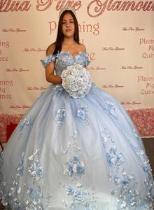 2022 Modern Baby Blue 3D Floral Flowers Quinceanera Dresses Off the shoulder with Sleeves Beading Applique Lace Tulle Long Sweet 11811100