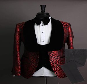 Custom Made Groomsmen Shawl Velvet Lapel Groom Tuxedos Red and Black Men Suits Wedding Man Blazer JacketPantsBow TieVest7295602