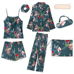 Домашняя одежда женщина пижама сет шелк полный шорты для ремня спагетти летняя весна осень зима 7 кусок цветочные женщины прекрасные пижамы