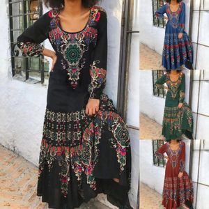 Lässige Kleider für Frauen Frühling Frauen Langarm Langarm ethnisch geprahlt fließend o Hals Baumwolle Maxi Kleid Sweatshirt Bohemian Robe 240412