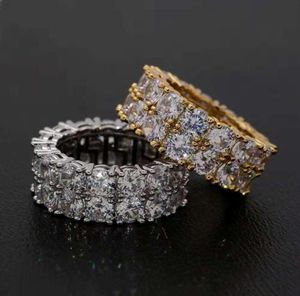 Hip Hop Full Diamonds Ring für Männer Frauen Western Doppelreihe Seiten Steinringe Real Gold plattiert Strasskupferschmuck 4369370
