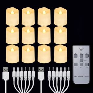Packung von 12 wiederaufladbaren LED -Kerzen Flameless Flicker Teelight Timer Remote 2 Ladungskabel Home Decorative Kerzengeburtstag 240412