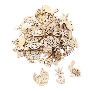 50Pcs Happy Easter Rabbit Eggs Wood Chips DIY Craft Natural Wood Slice Handcraft Household Hanging Ornaments Easter Decorations