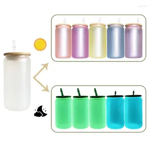 Tazze 50pcs da 16 onlimation tazze di vetro di sublimazione UV cambio di colore bagliore glassato in bagliore in bevanda scura tazza da caffè con birra con coperchi di bambù