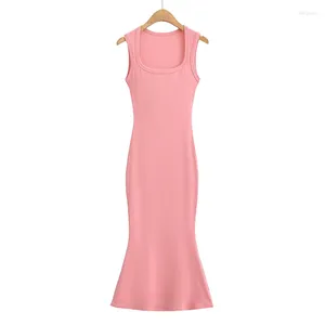 Casual Dresses Midi For Women 2024 Summer Square Neck Sexy Bodycon Dress Elegant Pink Knitted Vintage Clothes Black