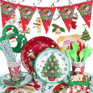 使い捨てディナーウェアのクリスマステーマサンタクロースエルクバルーンパーティーサプライズテーブルウェアカッププレートトップハット年の装飾