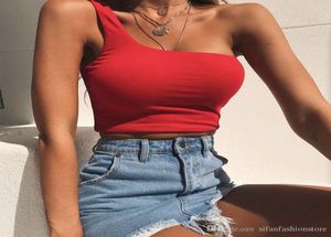 女性の女性女性片方の肩のトップノースリーブのTシャツタンクトップ夏のビーチベストベアミッドリフ夏ファッション衣類5697782