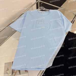 Embroidery T Shirts Women Blue Cotton Tops Designer Letter Short Sleeved T Shirts Summer Tees Vacation Clothing