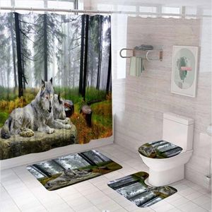 Duschgardiner Wild Animal Wolf Curtain Bath Mat Set Forest Natural Landsy Badrum Skärm Toalettskydd Antislip Mattor Flanellmattor