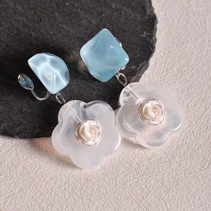 Stud Earrings 2024 Trend Blue Square Crystal Transparent Flower Earhole Free Mosquito Incense Plate Ear Clip Female Sweet Gift Wholes