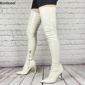 Stivali ronticool 2024 coscia primaverile luccicante tacchi a spillo sexy puntato puntato di punta beige da festa beige da donna statuni da donna 5-15