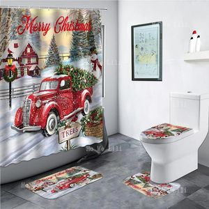 Duschgardiner jul röd lastbil xmas gnome rutig bakgrund gardin och mattor fyrdelar set