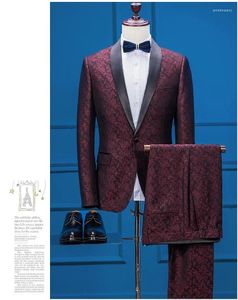 Mäns kostymer 2024 Bourgogne Jacquard Prom Suit Wedding For Men Elegant Fashion Jacket Slim Fit Groom Blazer Set 2 Piece Tuxedo Masulino