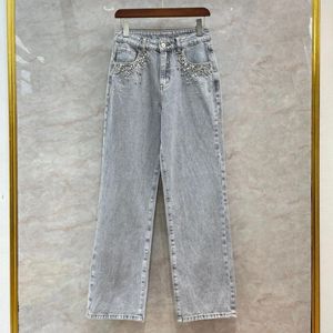 Frauen Jeans koreanischer Stil Herbst Mode Frauen hochwertige Strassstein-Hochhäuser-Markendesignerin Straight Denim Hosen C302