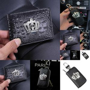 New Crocodile Leather Crystal Crown Car Case Organizer Storage Bag Zipper Auto Key Holder Covers Men Drivers License Clips