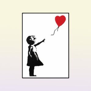 Pinturas menina com balão vermelho Banksy Graffiti Art Canvas pintando pôster de parede preto e branco para a decoração da casa da sala Cuadros5339002