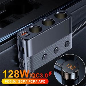 Ny 128W biltelefonladdare Cigarettändare Adapter Ports USB -laddning Multi QC3.0 Snabbladdning med Switch Socket PD30W K8Y4