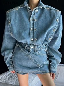 Bgteever Spring Fashion Ladies 2 pezzi Set a manica lunga a doppio petto jean giacche mini Shorts Shorts Skirt Women vintage Denim 240412