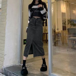 Skirts Spring Women Mid Length Vintage Denim Skirt High Wasit Straight Front Zipper Slit Solid Color Buttons A-line Pencil