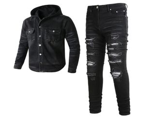 2023 Tracksuits Punk Street Men039s Black 2pcs Jeans Sets Spring Kapuze -Denimjacke und zerrissene Patch -Stretchhose Vintage Men1962644