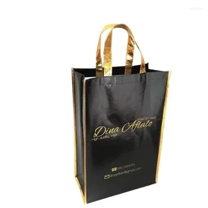 Hediye Sargısı Özel Metalik Dokuma Kıyafetli Kutu Çantaları Yeniden Kullanılabilir Parlak Glitter Siyah Ambalaj Mevcut Çanta Partisi Favor Film Lamine
